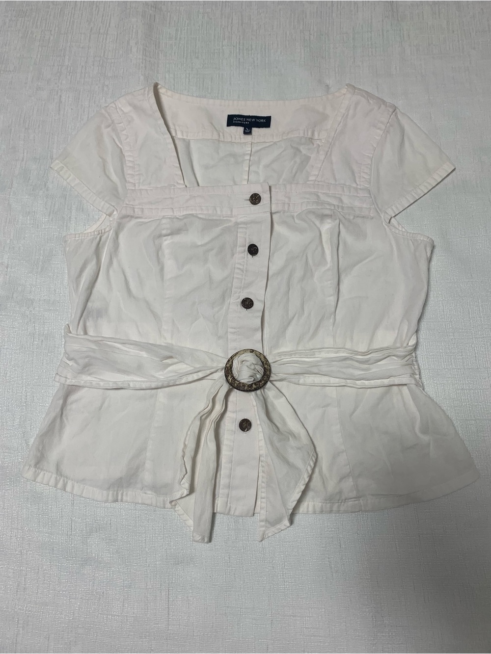 Jones New York Cream Short-Sleeve Button Front Top with Belt